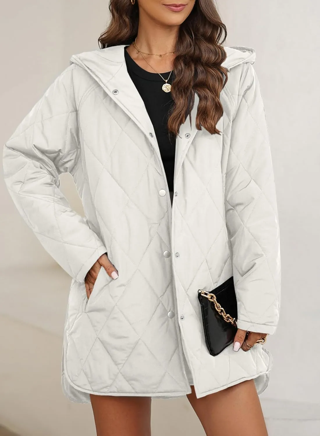 EVALESS Long Jackets for Women Fashion 2024 Winter Coat for Women Business Casual Diamond Quilted Hooded Lightweight Jackets