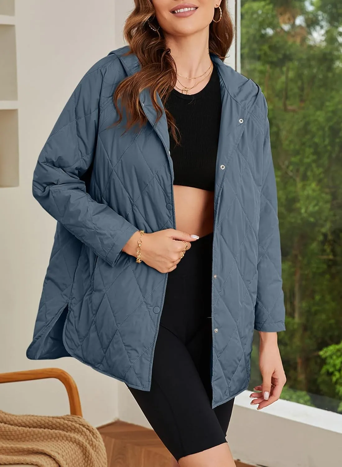 EVALESS Long Jackets for Women Fashion 2024 Winter Coat for Women Business Casual Diamond Quilted Hooded Lightweight Jackets