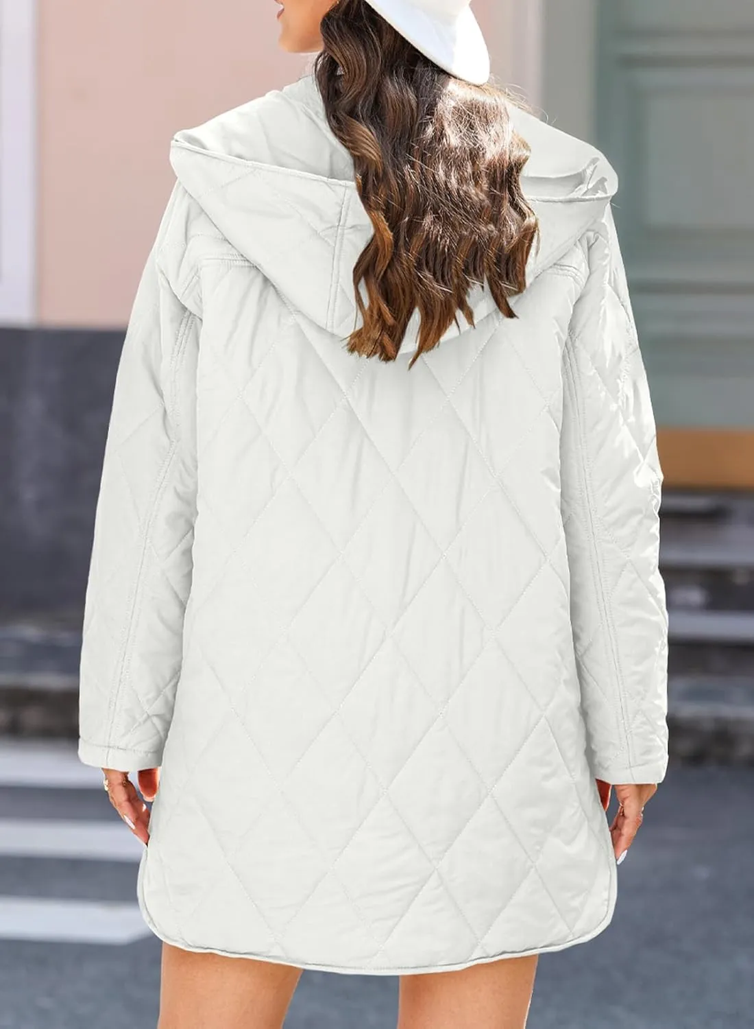 EVALESS Long Jackets for Women Fashion 2024 Winter Coat for Women Business Casual Diamond Quilted Hooded Lightweight Jackets