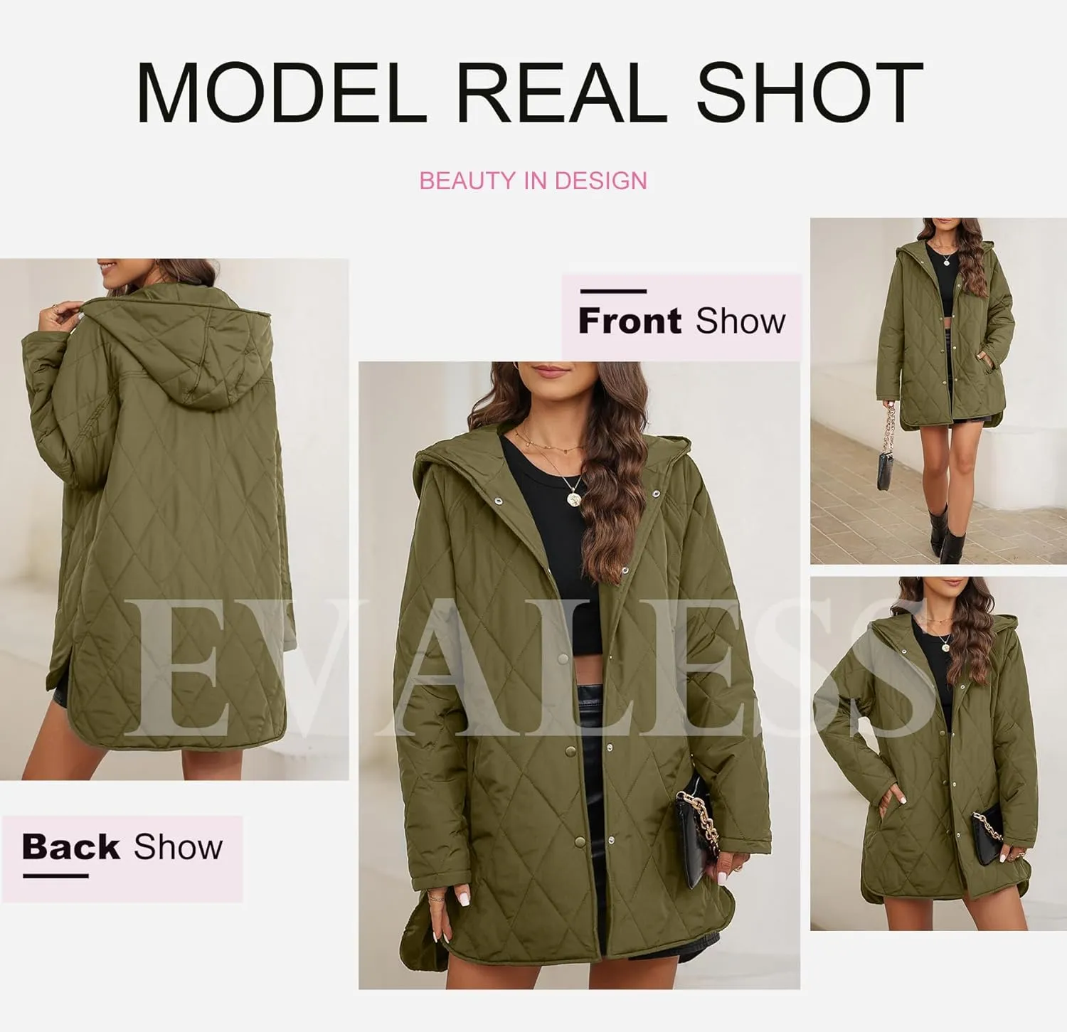 EVALESS Long Jackets for Women Fashion 2024 Winter Coat for Women Business Casual Diamond Quilted Hooded Lightweight Jackets