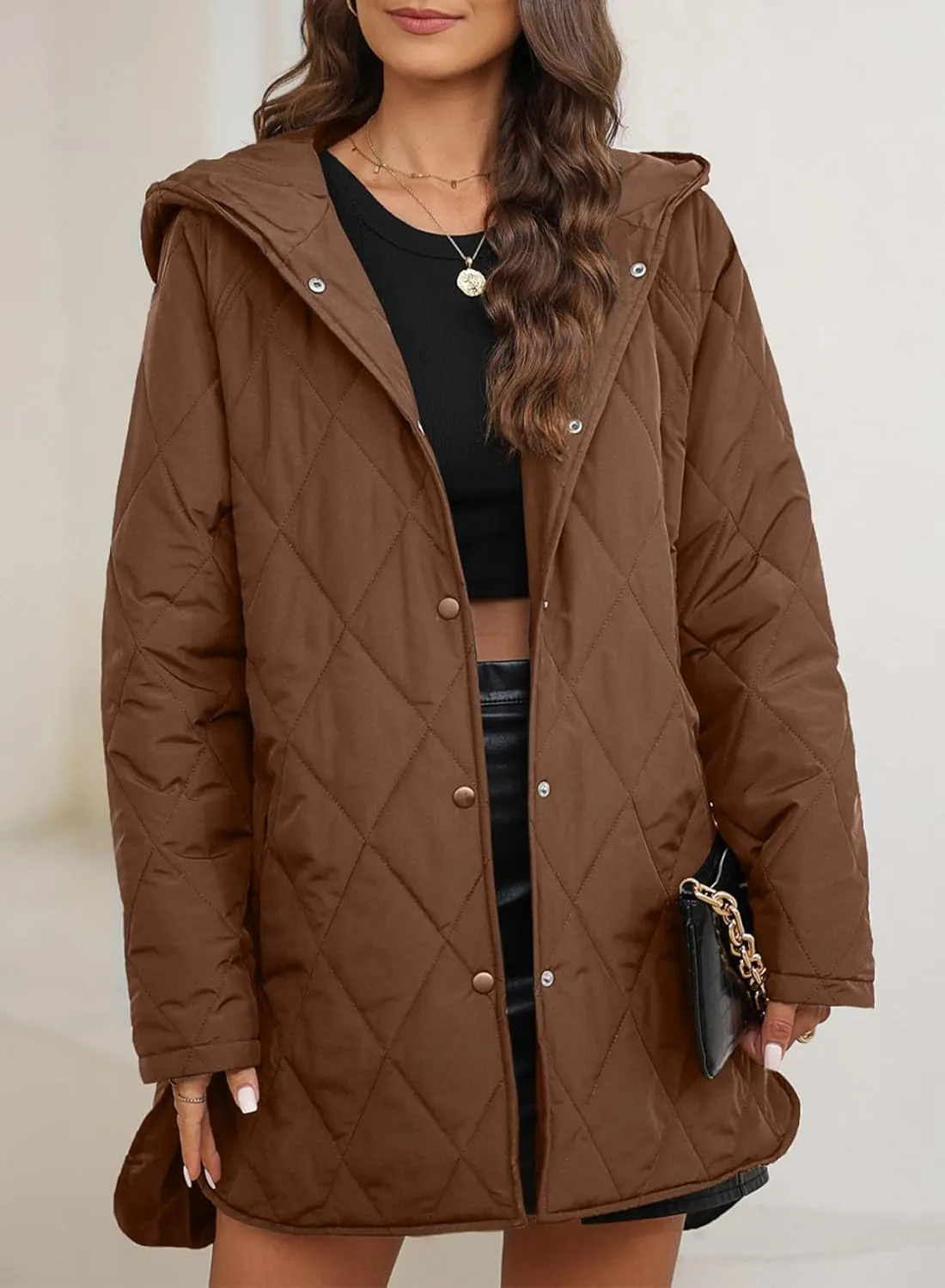 EVALESS Long Jackets for Women Fashion 2024 Winter Coat for Women Business Casual Diamond Quilted Hooded Lightweight Jackets