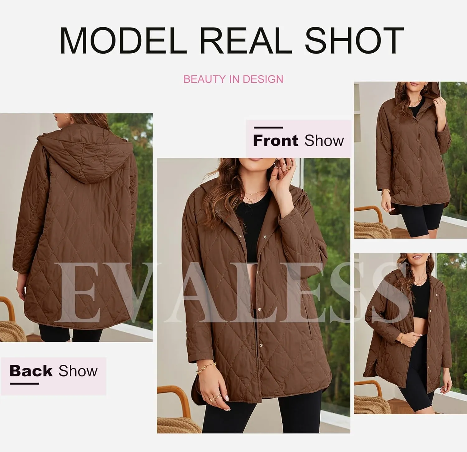 EVALESS Long Jackets for Women Fashion 2024 Winter Coat for Women Business Casual Diamond Quilted Hooded Lightweight Jackets