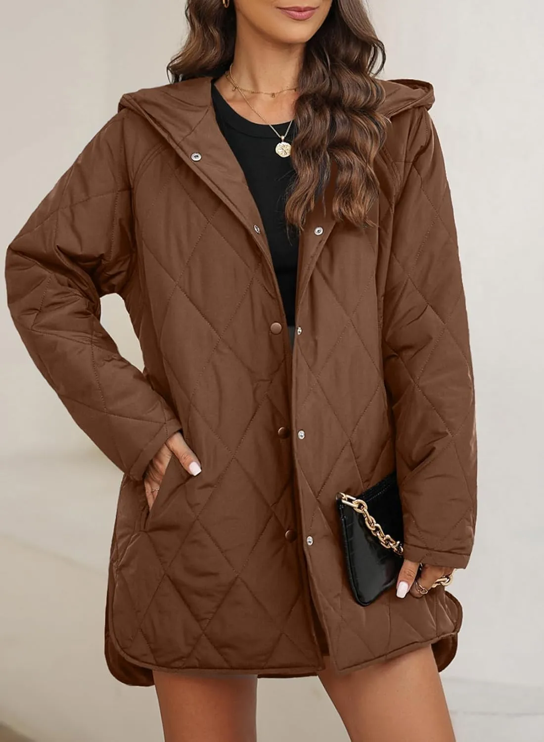 EVALESS Long Jackets for Women Fashion 2024 Winter Coat for Women Business Casual Diamond Quilted Hooded Lightweight Jackets
