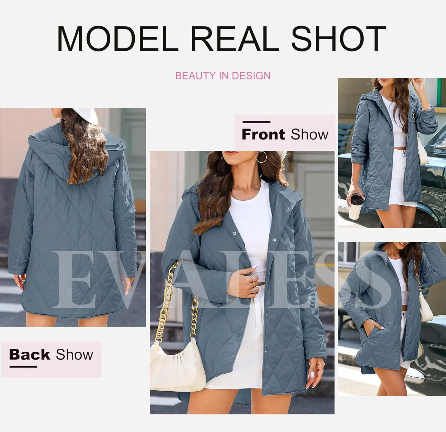 EVALESS Long Jackets for Women Fashion 2024 Winter Coat for Women Business Casual Diamond Quilted Hooded Lightweight Jackets