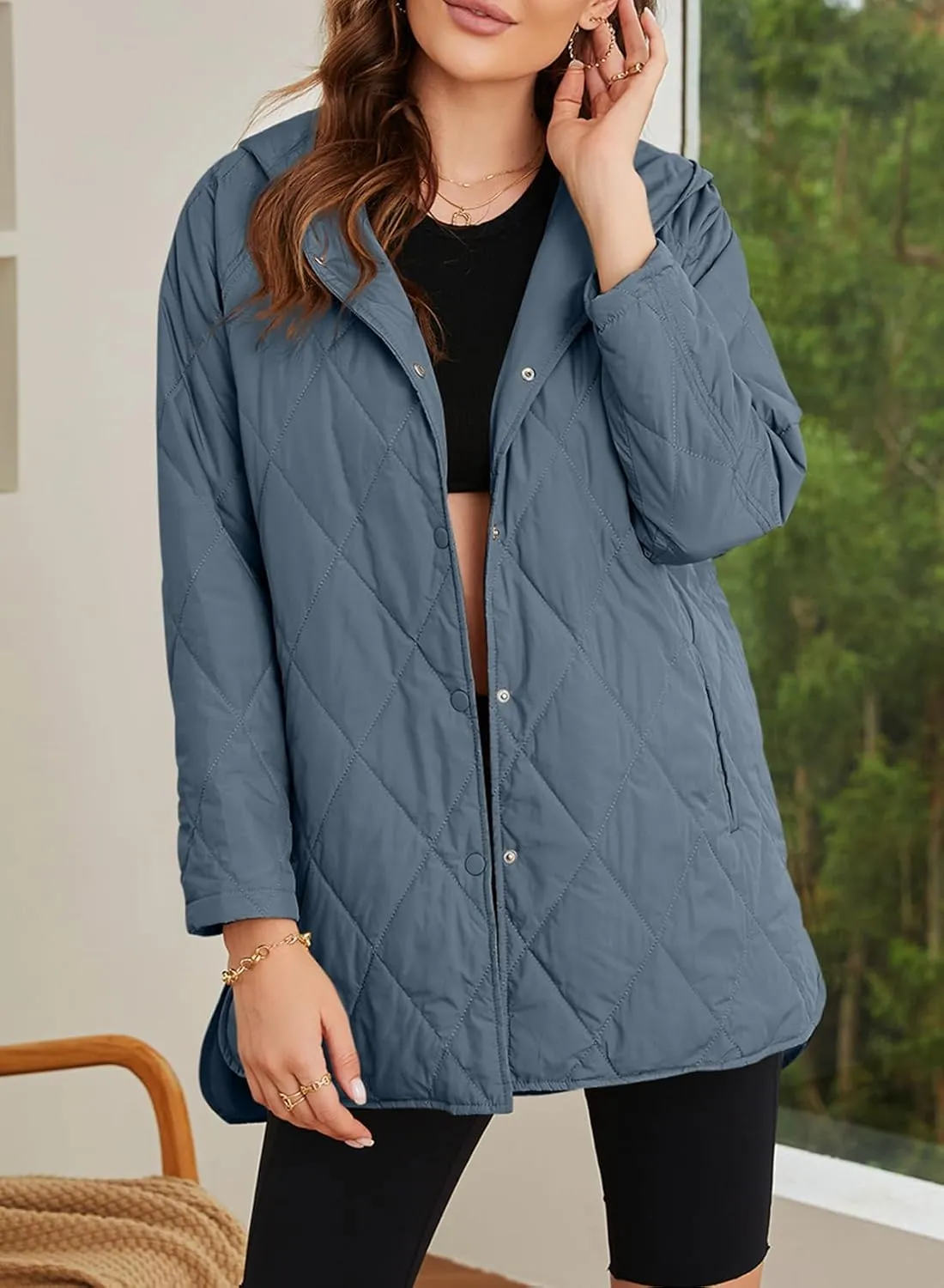 EVALESS Long Jackets for Women Fashion 2024 Winter Coat for Women Business Casual Diamond Quilted Hooded Lightweight Jackets