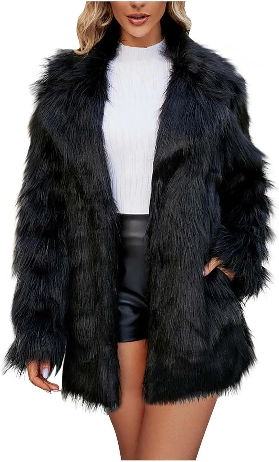 Faux Fur Winter Long Coats Women Warm Lapel Faux Fur Fuzzy Coat Jacket Overcoat Fashion Open Front Cardigan Outerwear