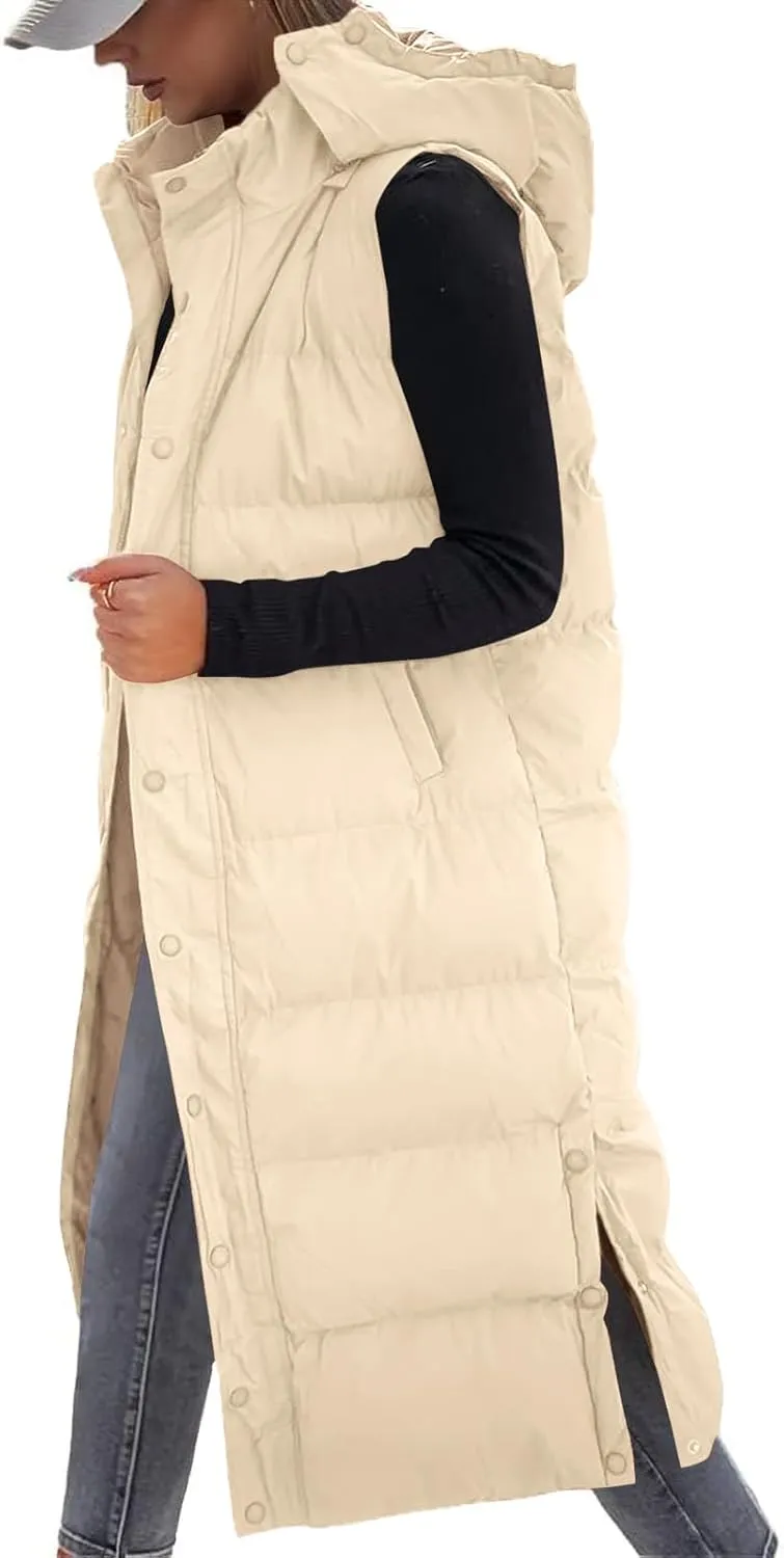 Grlasen Women's long Quilted Vest hooded sleeveless Button Down puff vest cotton padded jacket winter coat