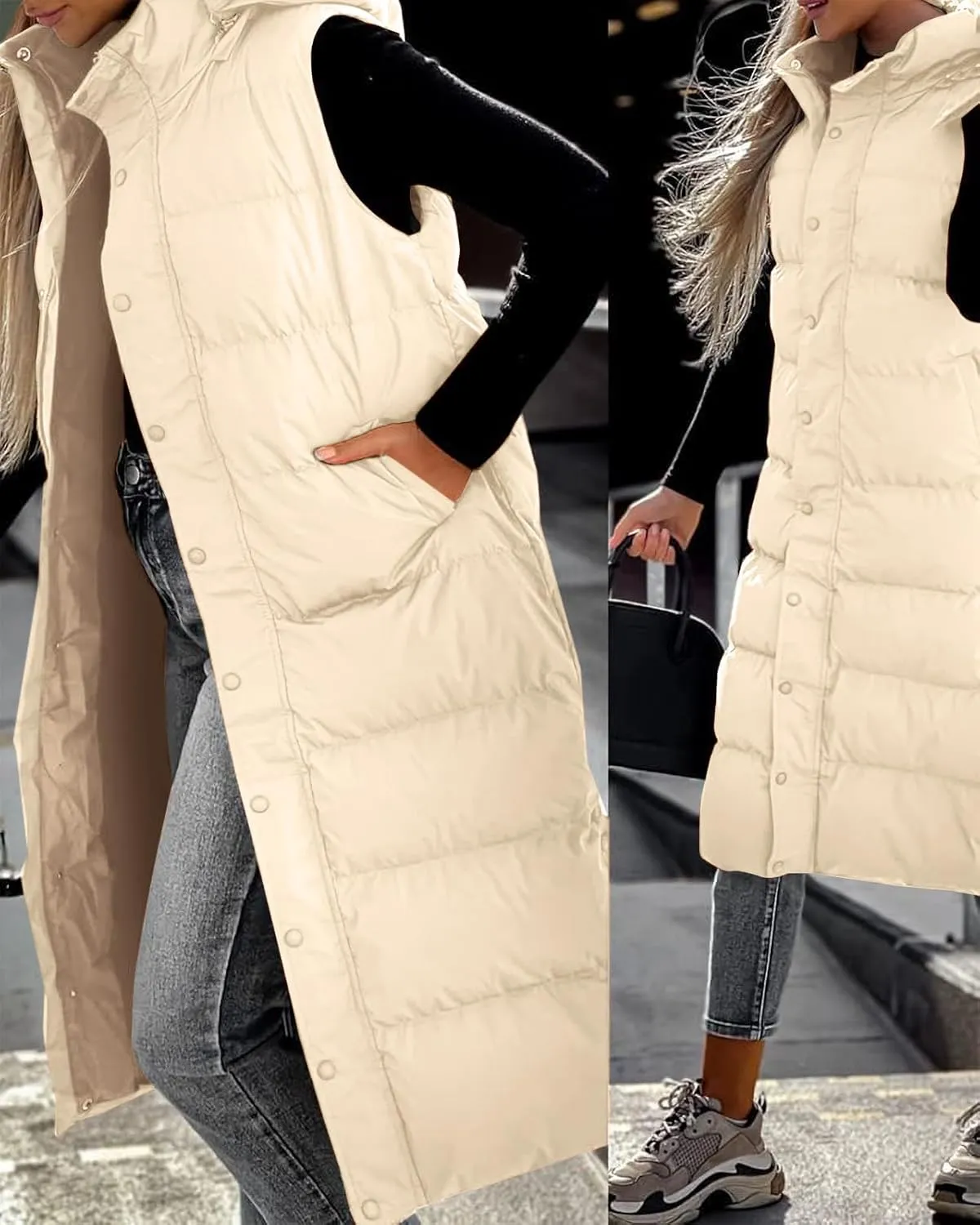 Grlasen Women's long Quilted Vest hooded sleeveless Button Down puff vest cotton padded jacket winter coat