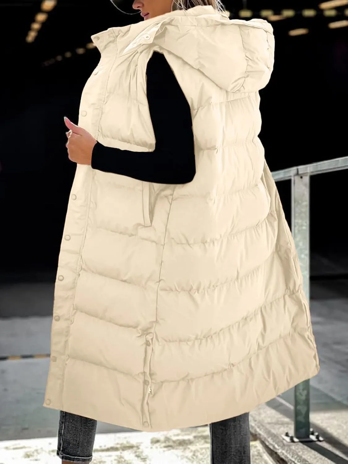 Grlasen Women's long Quilted Vest hooded sleeveless Button Down puff vest cotton padded jacket winter coat