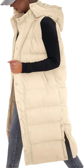 Grlasen Women's long Quilted Vest hooded sleeveless Button Down puff vest cotton padded jacket winter coat