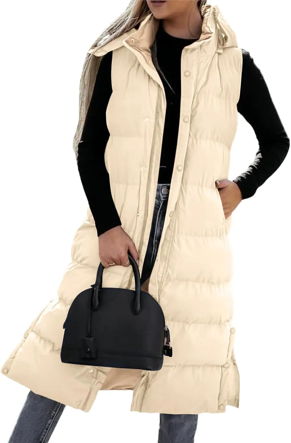 Grlasen Women's long Quilted Vest hooded sleeveless Button Down puff vest cotton padded jacket winter coat