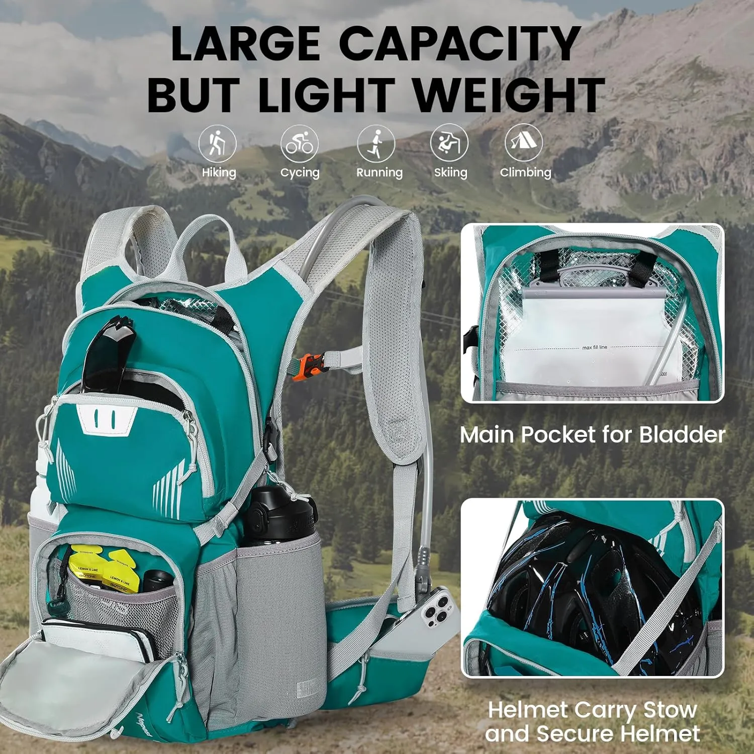 Hiking Backpack with 3L Water Bladder, 18L Hydration Pack Backpack for Women & Men, Lightweight Day Pack, Hydropack for Hiking, Cycling