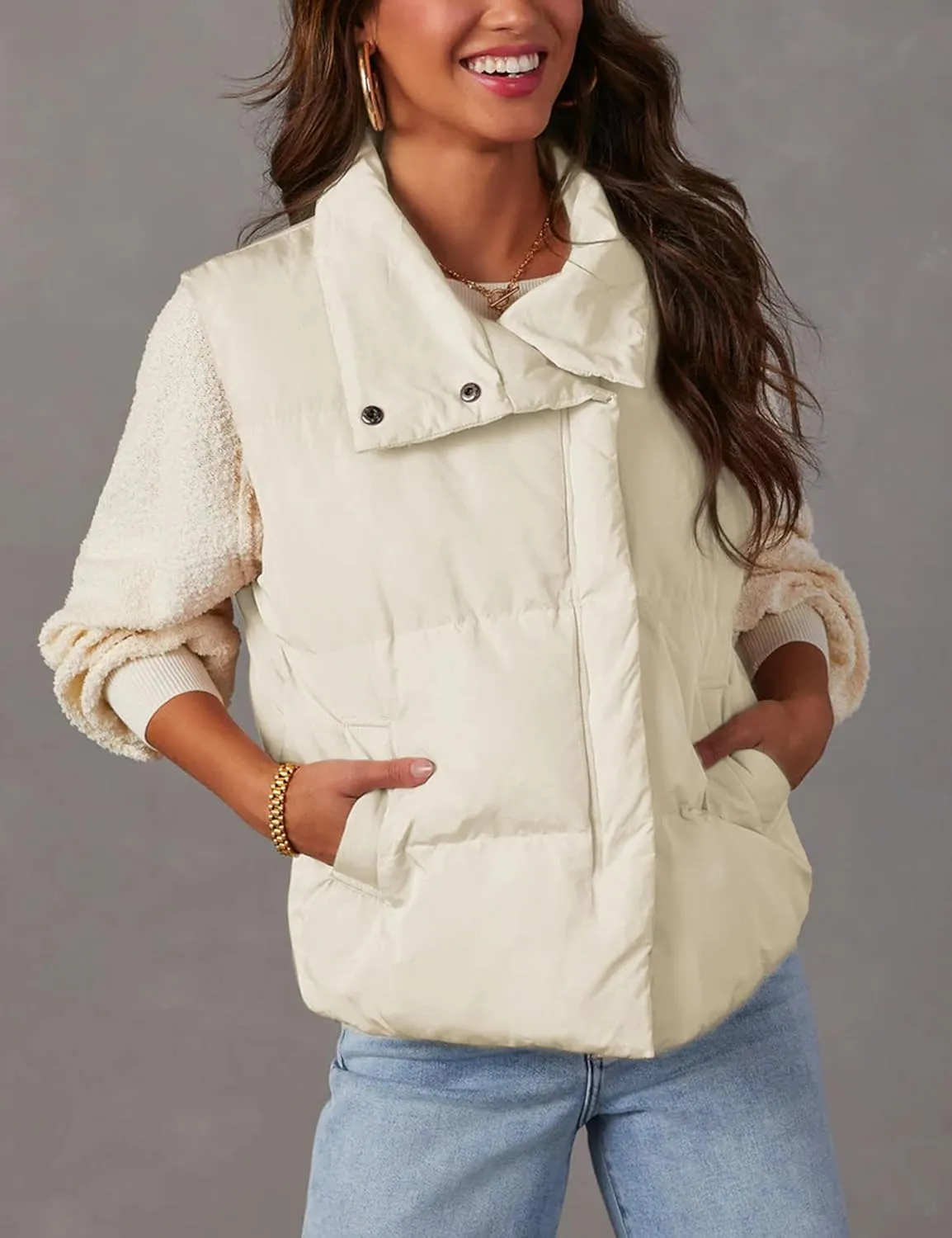 Himosyber Womens Puffer Vest Sleeveless Casual Loose Winter Warm Lightweight Stand Collar Down Jacket Coats