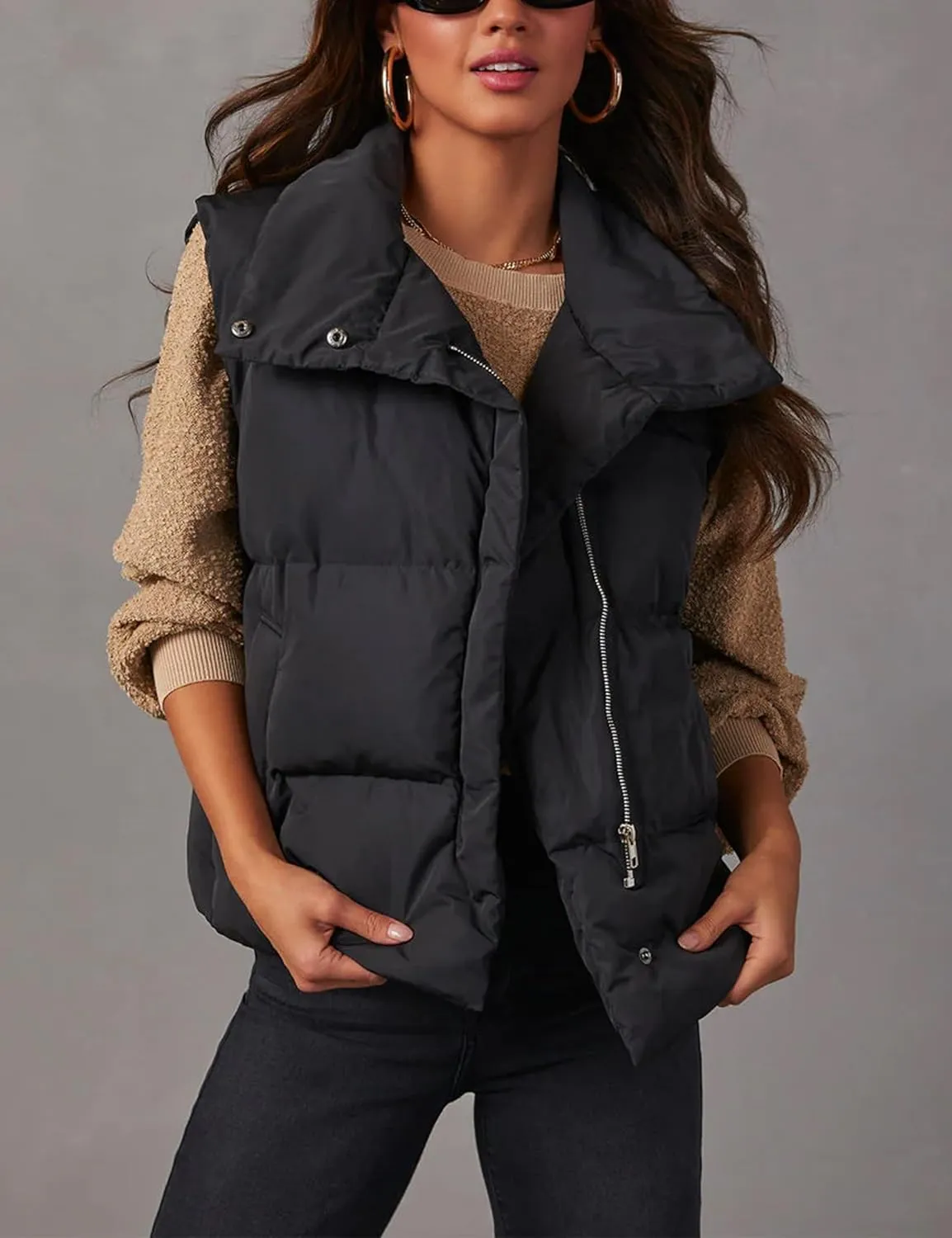 Himosyber Womens Puffer Vest Sleeveless Casual Loose Winter Warm Lightweight Stand Collar Down Jacket Coats