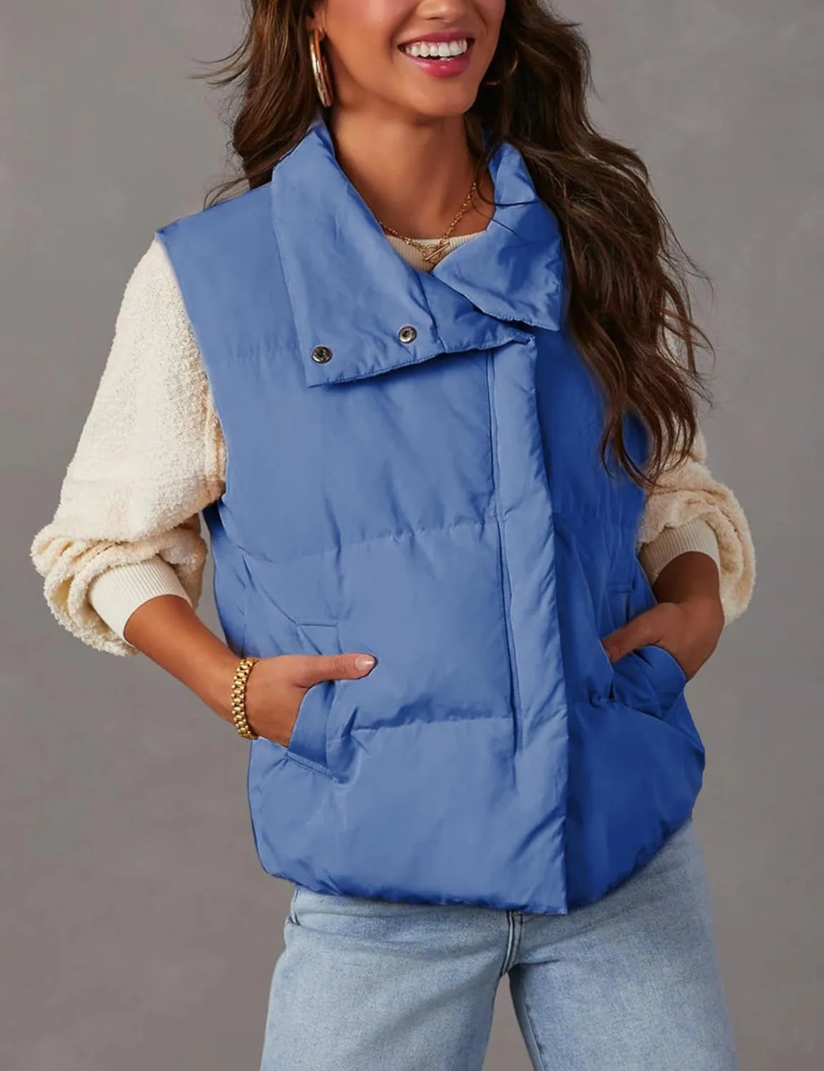 Himosyber Womens Puffer Vest Sleeveless Casual Loose Winter Warm Lightweight Stand Collar Down Jacket Coats