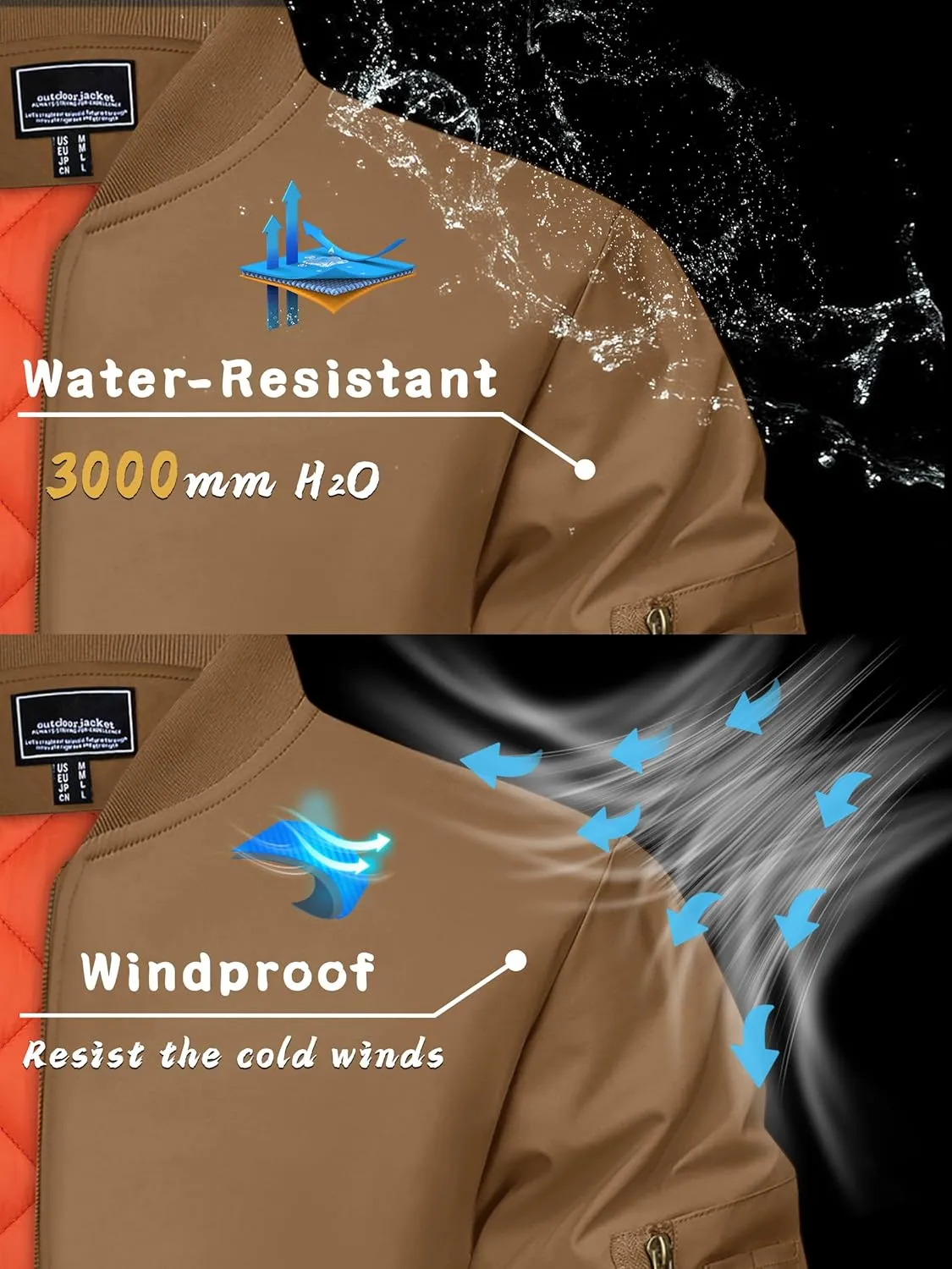 KEFITEVD Men's Jacket Casual Windproof Bomber Jackets Full Zip Windbreaker Warm Winter Padded Coats