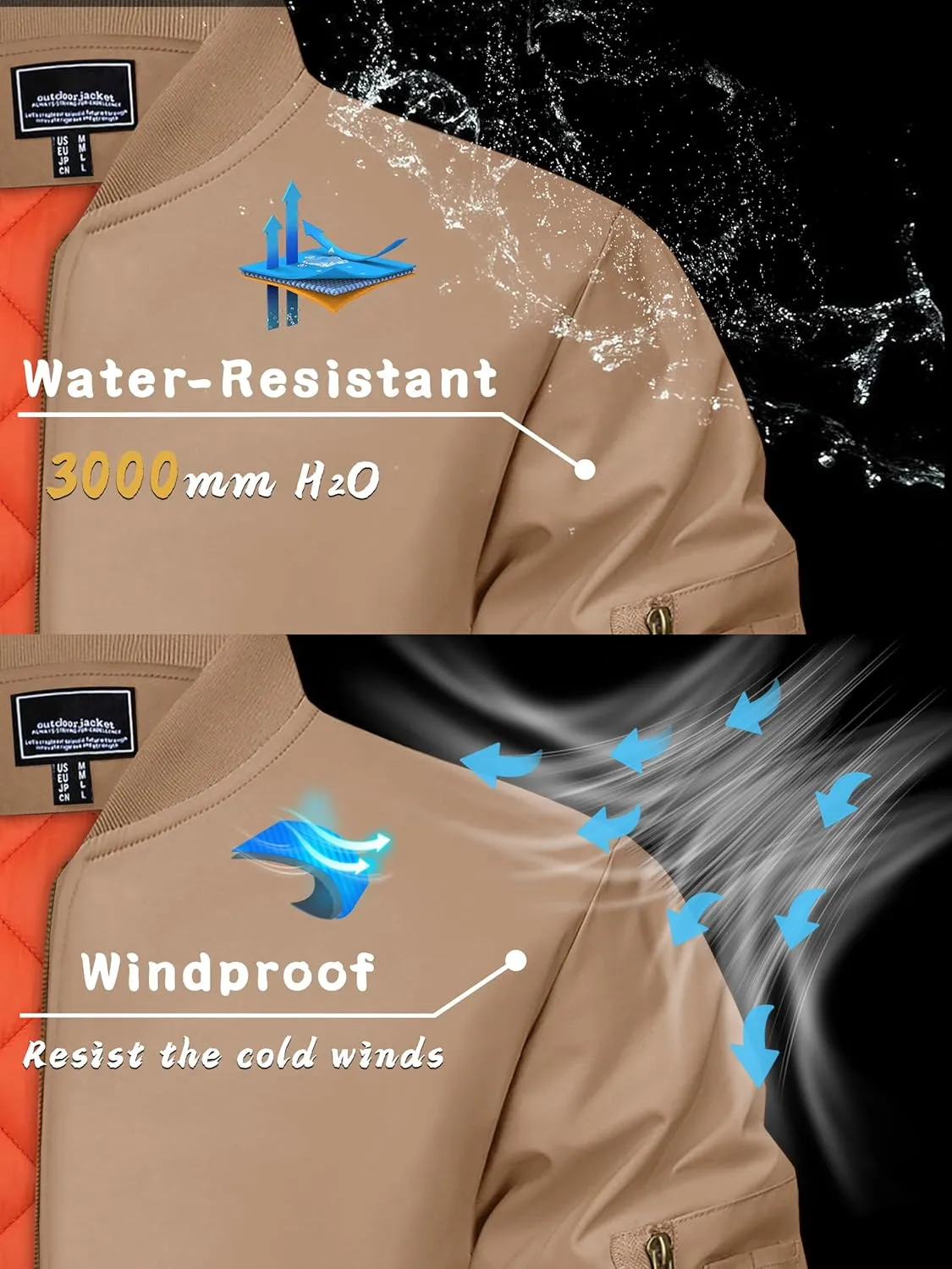 KEFITEVD Men's Jacket Casual Windproof Bomber Jackets Full Zip Windbreaker Warm Winter Padded Coats