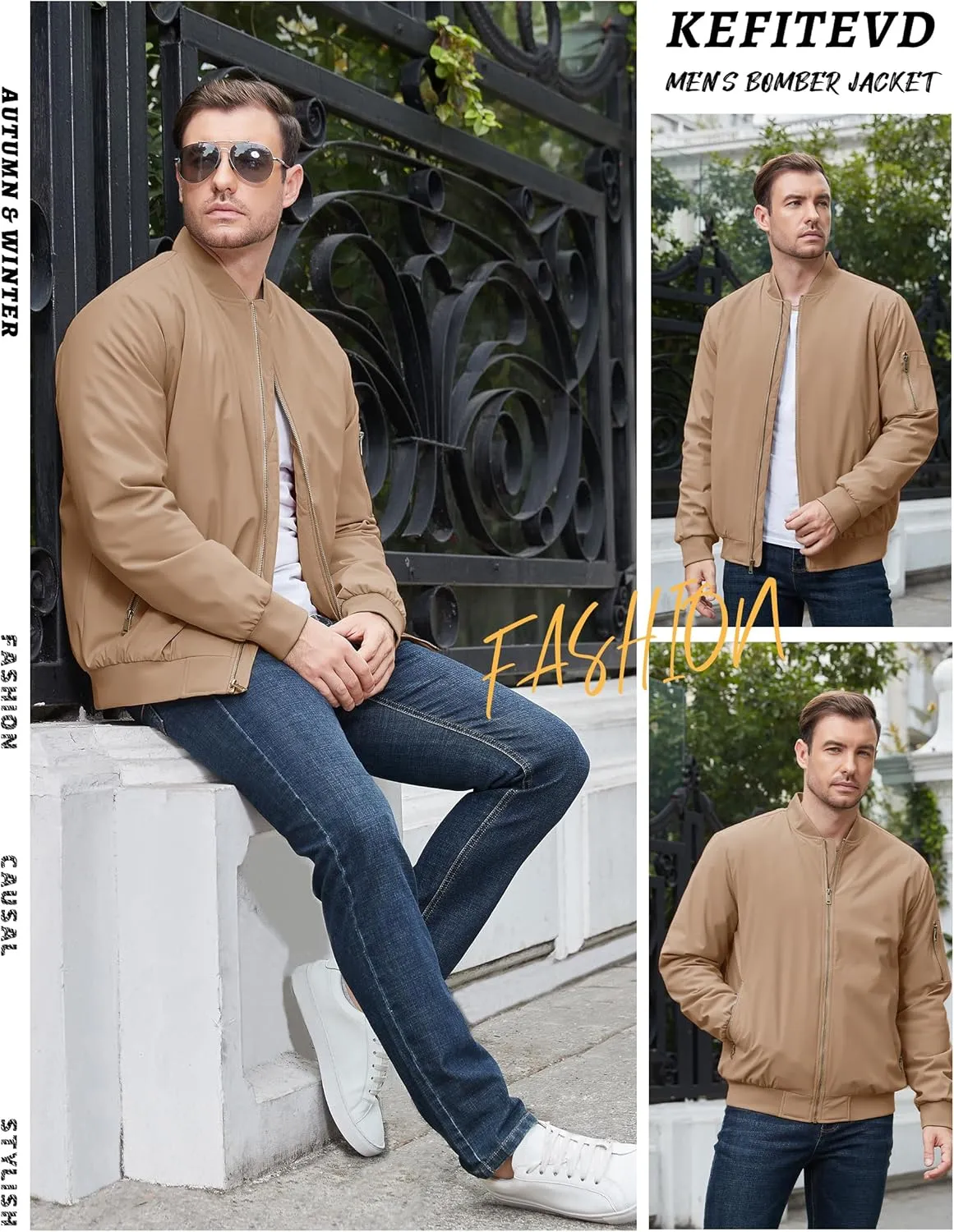 KEFITEVD Men's Jacket Casual Windproof Bomber Jackets Full Zip Windbreaker Warm Winter Padded Coats