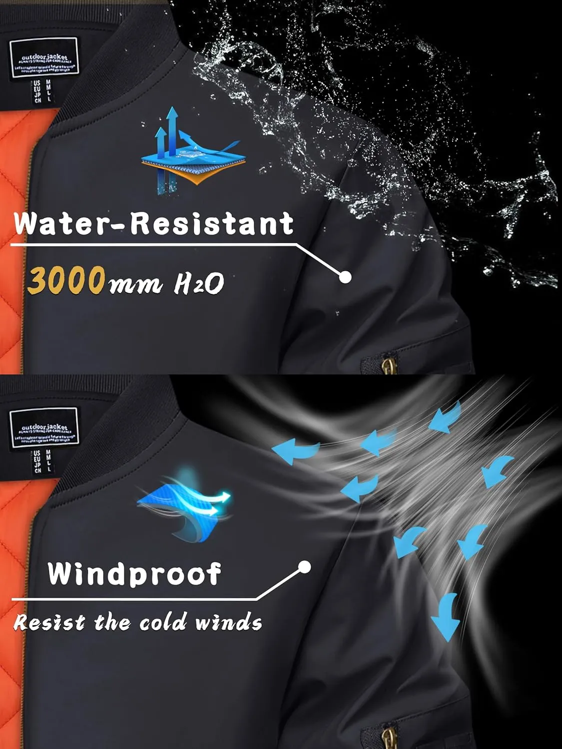 KEFITEVD Men's Jacket Casual Windproof Bomber Jackets Full Zip Windbreaker Warm Winter Padded Coats