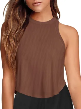 LASLULU Womens Crop Tops Sleeveless Workout Tops Halter Neck Flowy Athletic Shirts Cropped Tank Muscle Tank