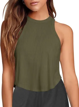 LASLULU Womens Crop Tops Sleeveless Workout Tops Halter Neck Flowy Athletic Shirts Cropped Tank Muscle Tank