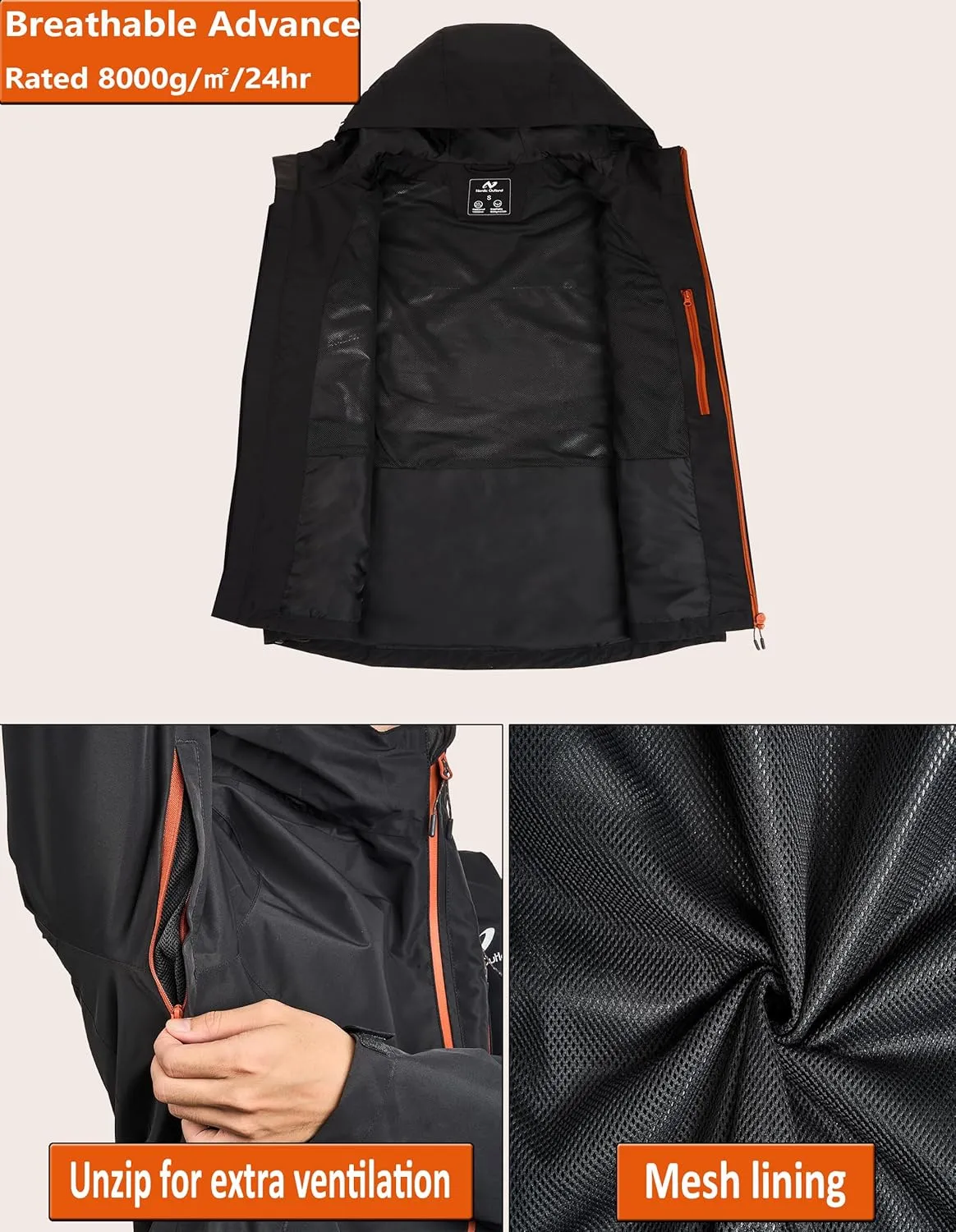 Mens Lightweight Hooded Waterproof Rain Jacket Breathable Raincoat Shell for Outdoor Mountain Hiking