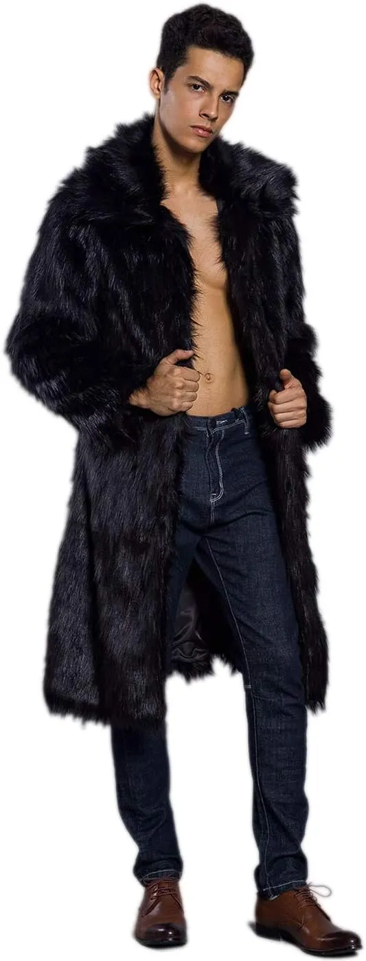 Men's Long Sleeve Fluffy Faux Fur Coat,Mens Winter Warm Faux Fur Overcoat,Long Thicken Soft Jacket Outerwear