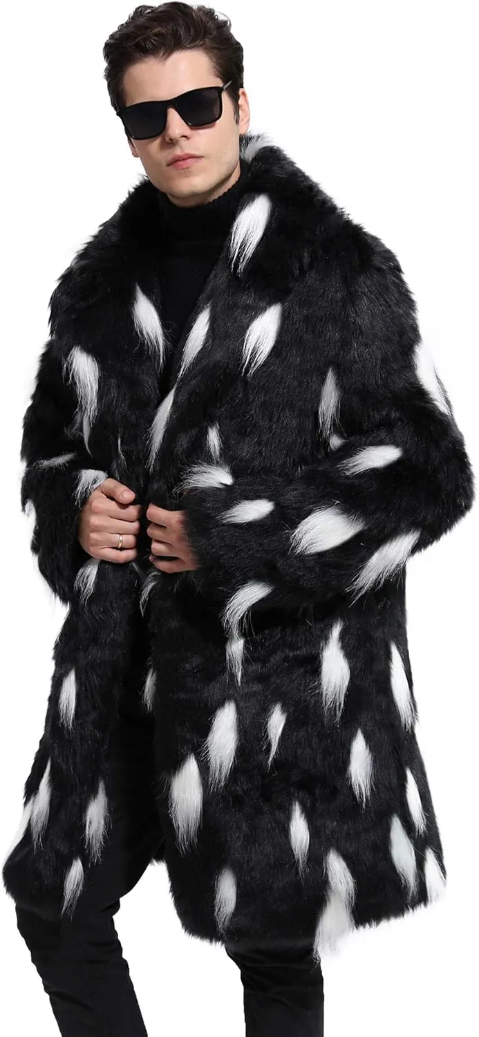Men's Long Sleeve Fluffy Faux Fur Coat,Mens Winter Warm Faux Fur Overcoat,Long Thicken Soft Jacket Outerwear