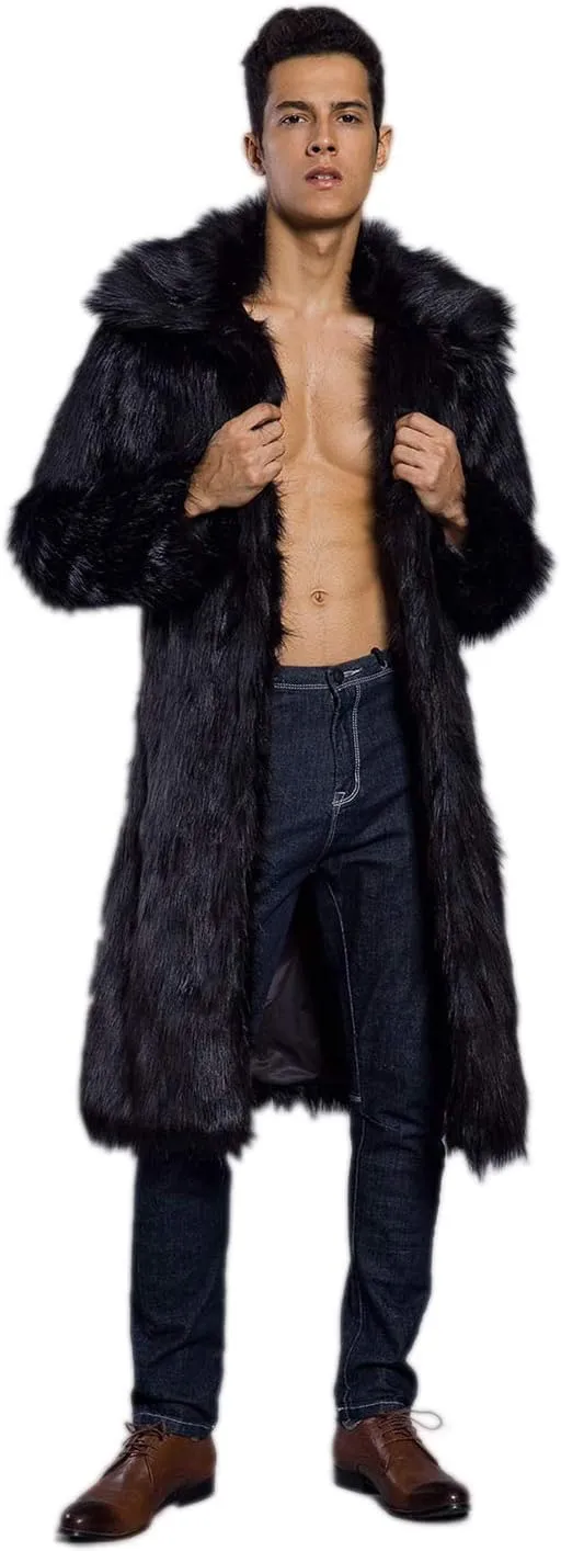 Men's Long Sleeve Fluffy Faux Fur Coat,Mens Winter Warm Faux Fur Overcoat,Long Thicken Soft Jacket Outerwear