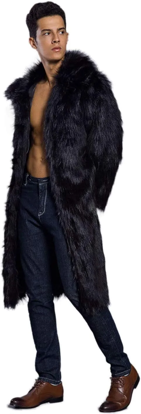 Men's Long Sleeve Fluffy Faux Fur Coat,Mens Winter Warm Faux Fur Overcoat,Long Thicken Soft Jacket Outerwear