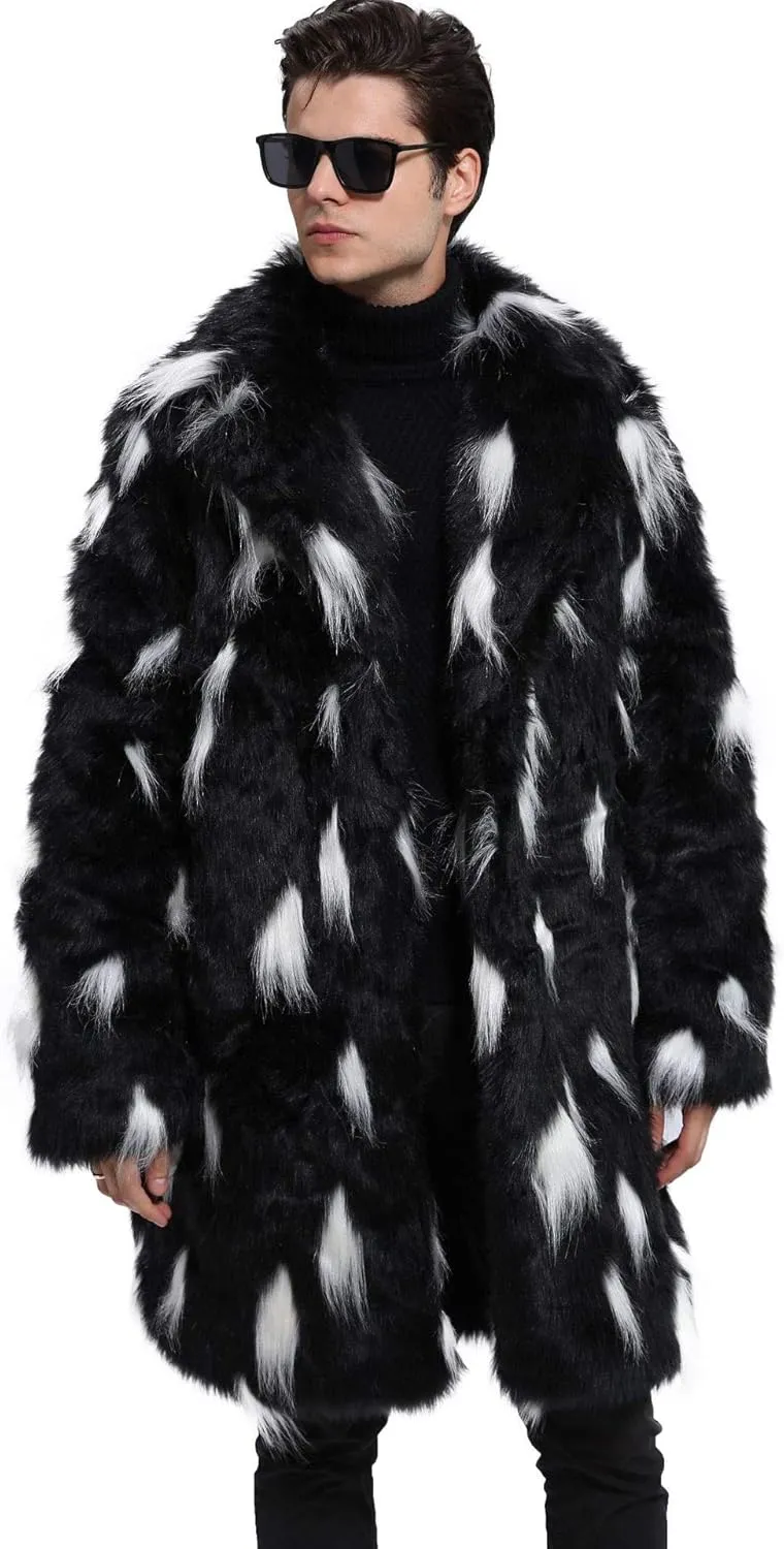 Men's Long Sleeve Fluffy Faux Fur Coat,Mens Winter Warm Faux Fur Overcoat,Long Thicken Soft Jacket Outerwear