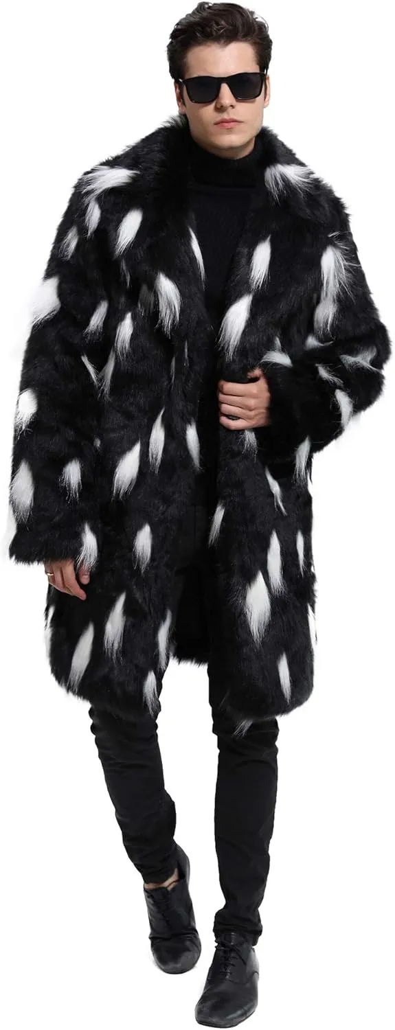 Men's Long Sleeve Fluffy Faux Fur Coat,Mens Winter Warm Faux Fur Overcoat,Long Thicken Soft Jacket Outerwear