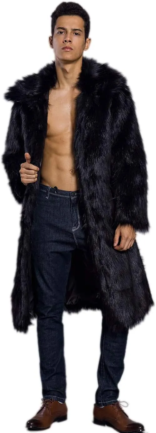 Men's Long Sleeve Fluffy Faux Fur Coat,Mens Winter Warm Faux Fur Overcoat,Long Thicken Soft Jacket Outerwear