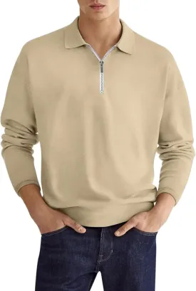 Men's Quarter Zip Long Sleeve Sport Polo Shirt Casual Zipper Collar Golf Sweaters Business Slim Fit Sweatershirt