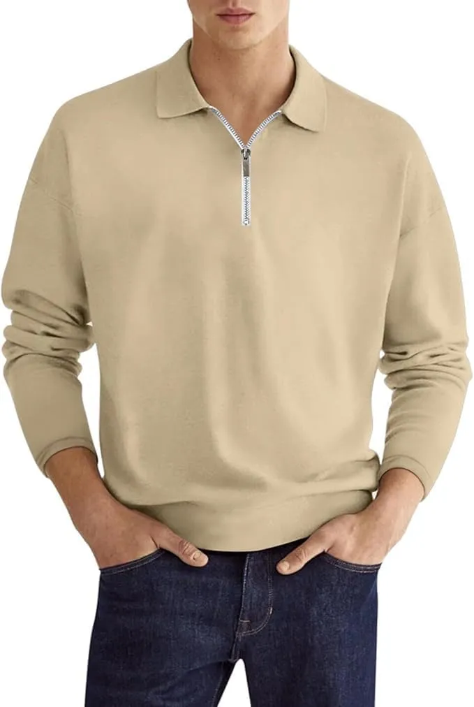 Men's Quarter Zip Long Sleeve Sport Polo Shirt Casual Zipper Collar Golf Sweaters Business Slim Fit Sweatershirt