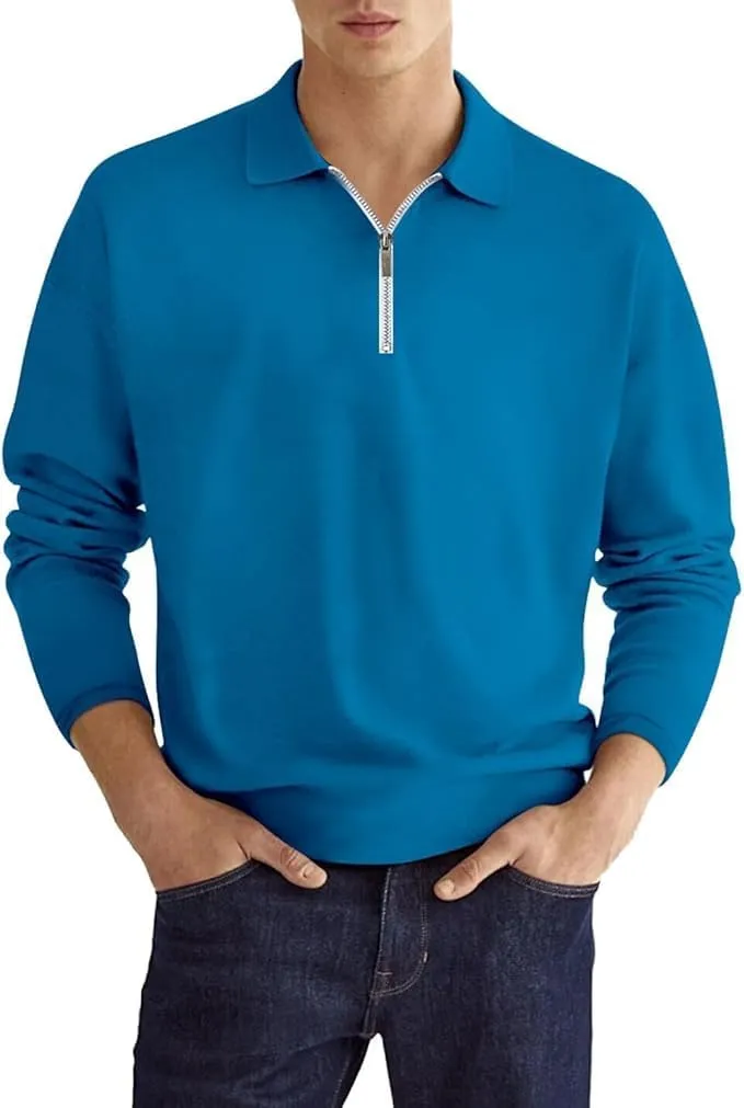 Men's Quarter Zip Long Sleeve Sport Polo Shirt Casual Zipper Collar Golf Sweaters Business Slim Fit Sweatershirt