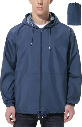 Mens Rain Jacket Raincoat Windbreaker Running Waterproof Lightweight Packable with Hood Travel Hiking Cycling