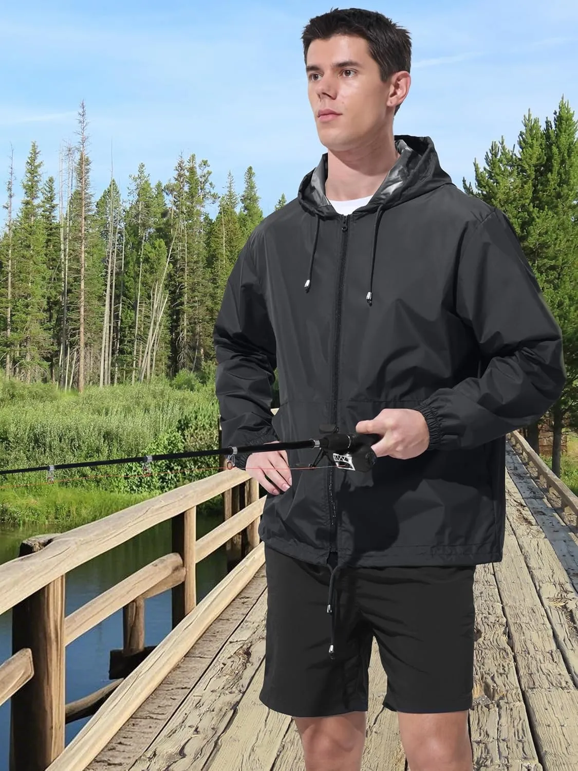 Mens Rain Jacket Raincoat Windbreaker Running Waterproof Lightweight Packable with Hood Travel Hiking Cycling