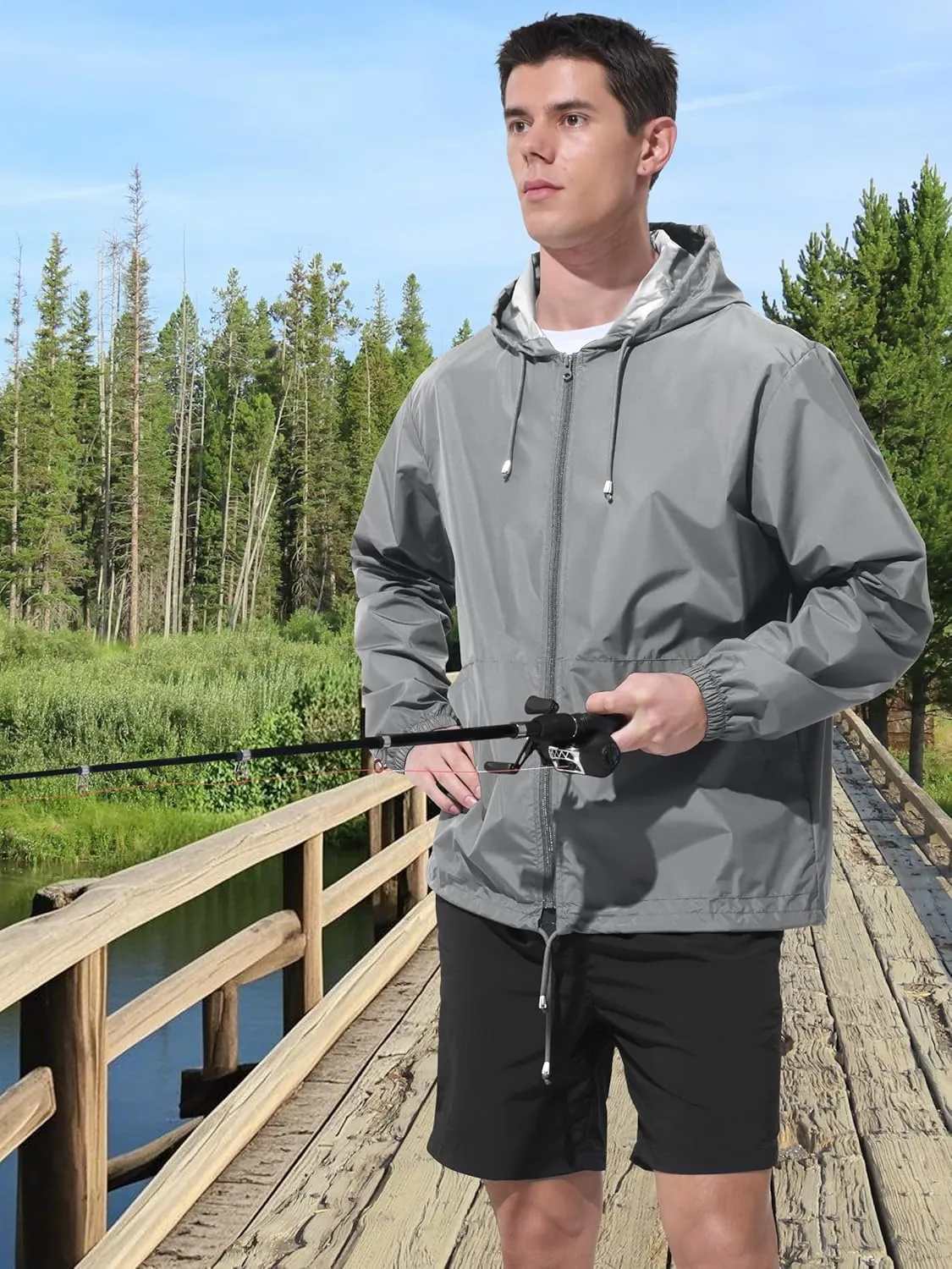 Mens Rain Jacket Raincoat Windbreaker Running Waterproof Lightweight Packable with Hood Travel Hiking Cycling