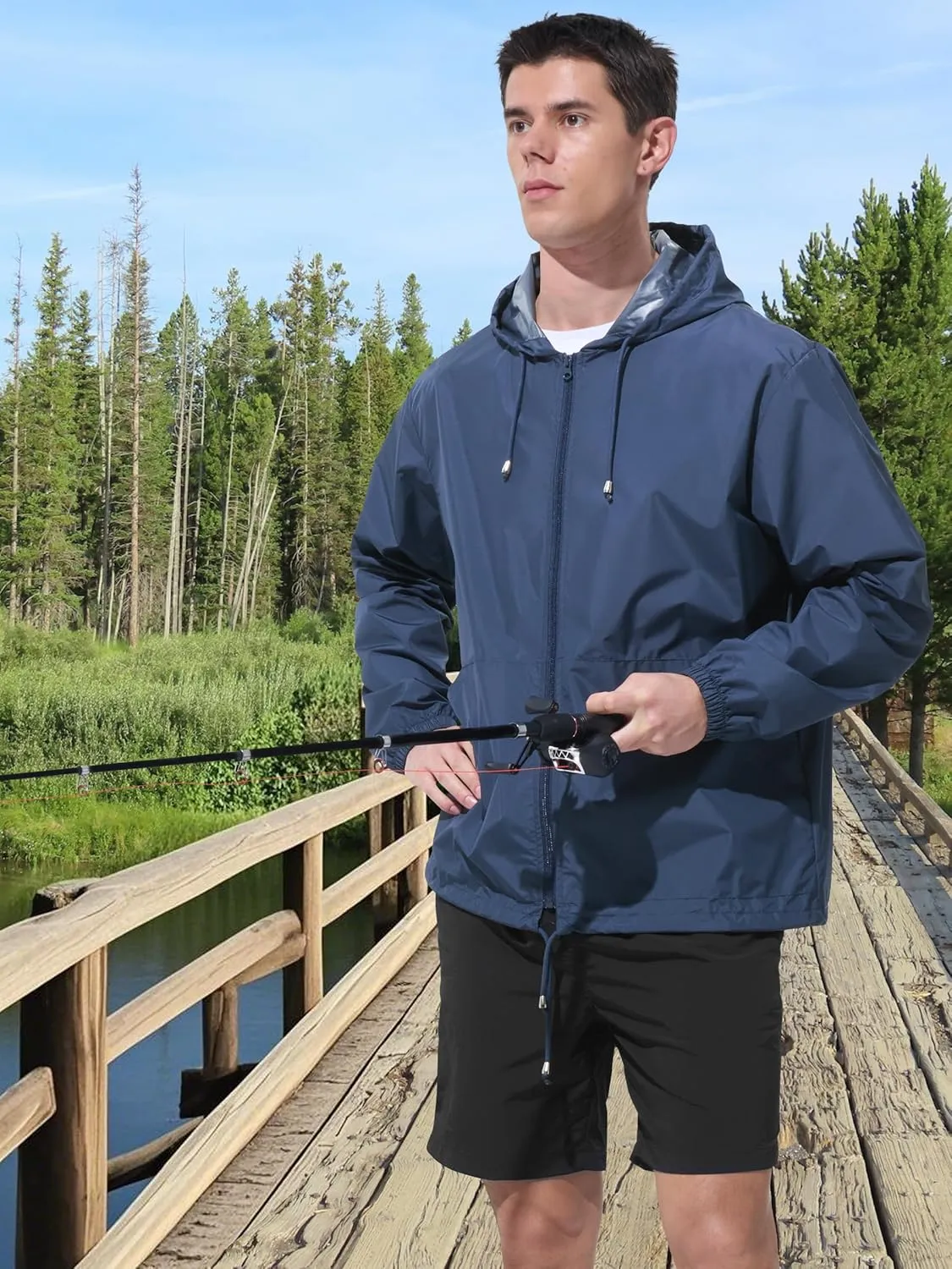 Mens Rain Jacket Raincoat Windbreaker Running Waterproof Lightweight Packable with Hood Travel Hiking Cycling