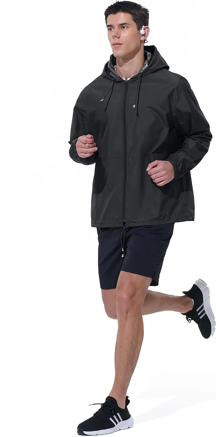 Mens Rain Jacket Raincoat Windbreaker Running Waterproof Lightweight Packable with Hood Travel Hiking Cycling