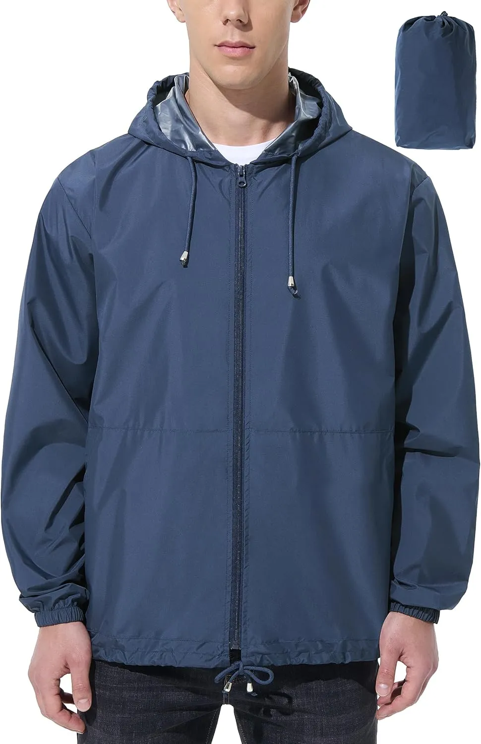 Mens Rain Jacket Raincoat Windbreaker Running Waterproof Lightweight Packable with Hood Travel Hiking Cycling