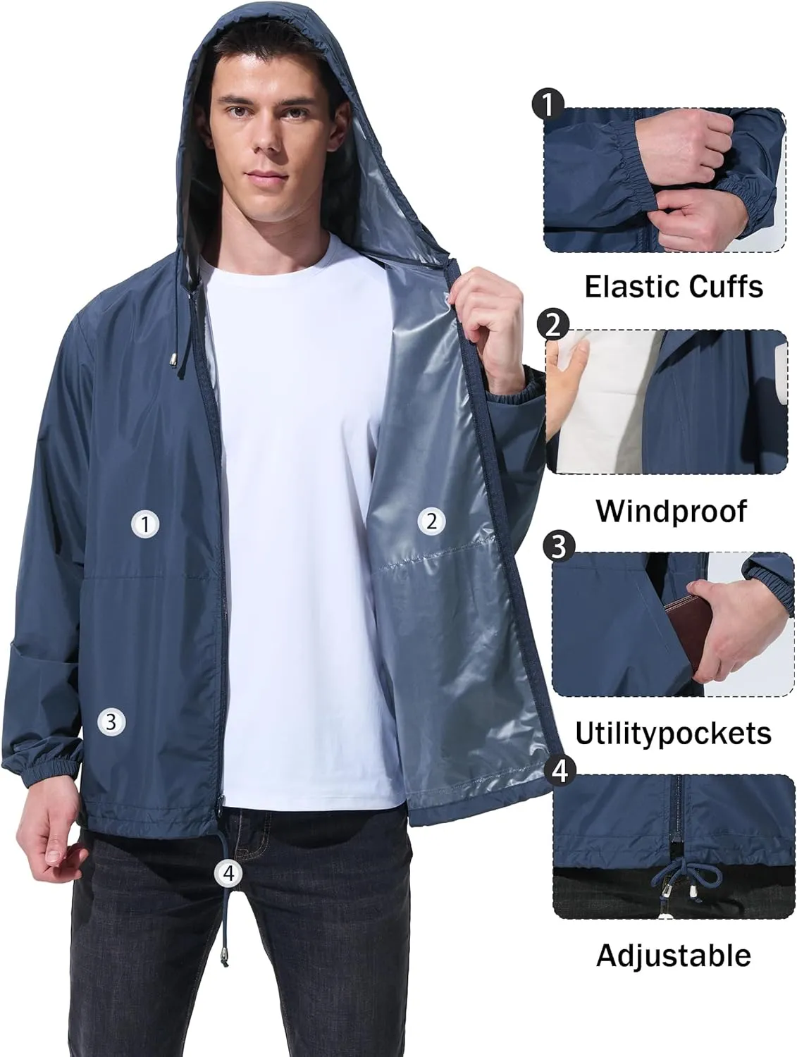Mens Rain Jacket Raincoat Windbreaker Running Waterproof Lightweight Packable with Hood Travel Hiking Cycling