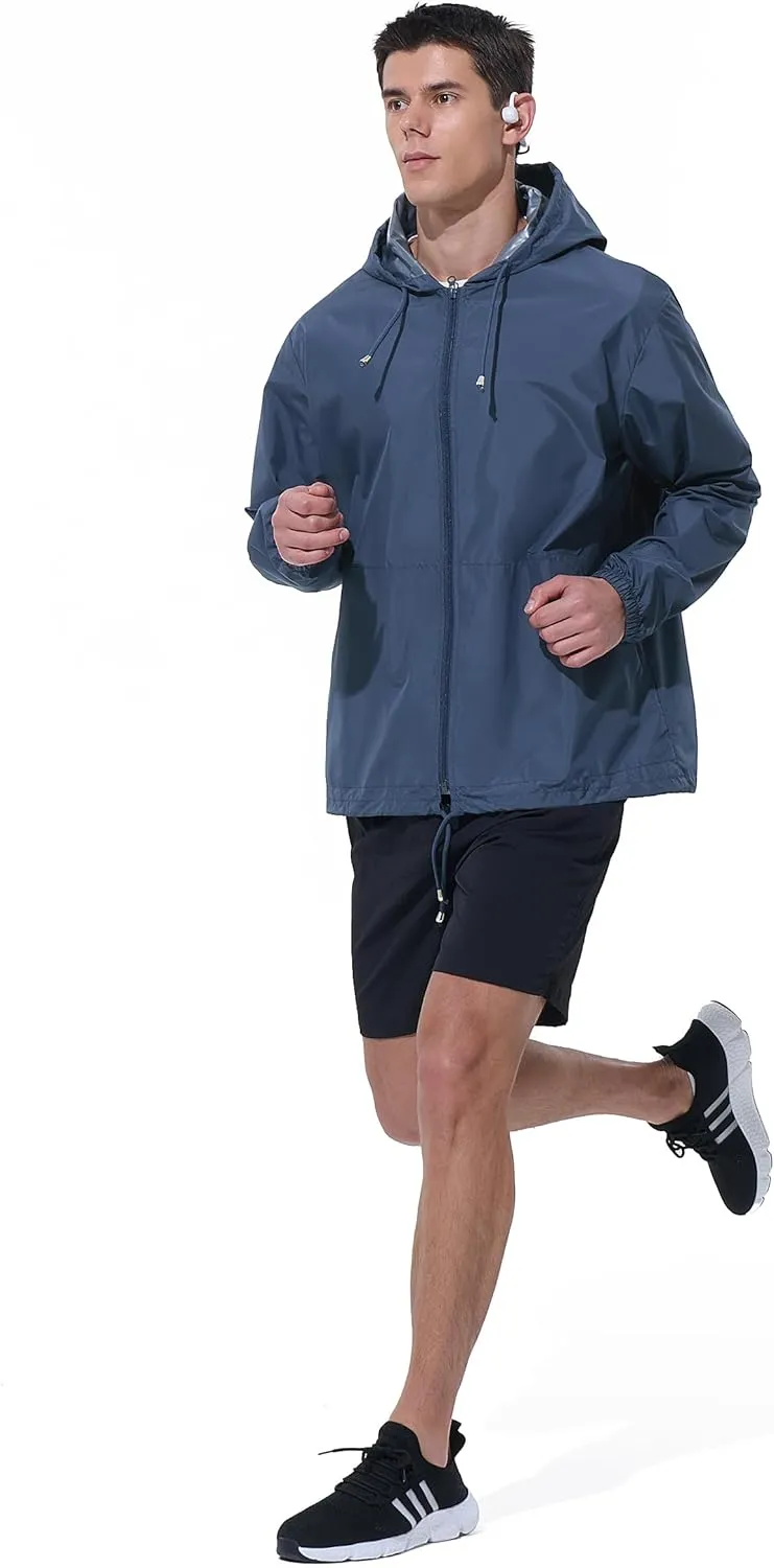 Mens Rain Jacket Raincoat Windbreaker Running Waterproof Lightweight Packable with Hood Travel Hiking Cycling