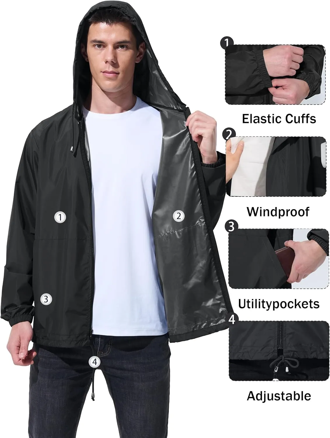 Mens Rain Jacket Raincoat Windbreaker Running Waterproof Lightweight Packable with Hood Travel Hiking Cycling