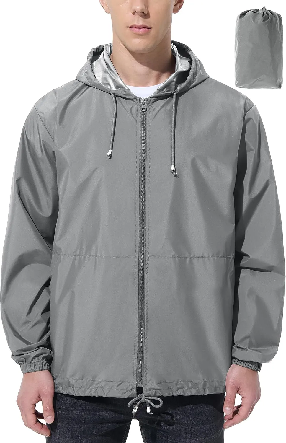 Mens Rain Jacket Raincoat Windbreaker Running Waterproof Lightweight Packable with Hood Travel Hiking Cycling