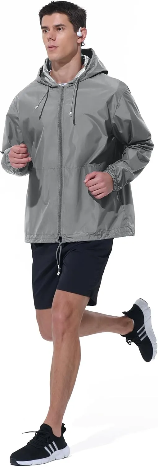 Mens Rain Jacket Raincoat Windbreaker Running Waterproof Lightweight Packable with Hood Travel Hiking Cycling