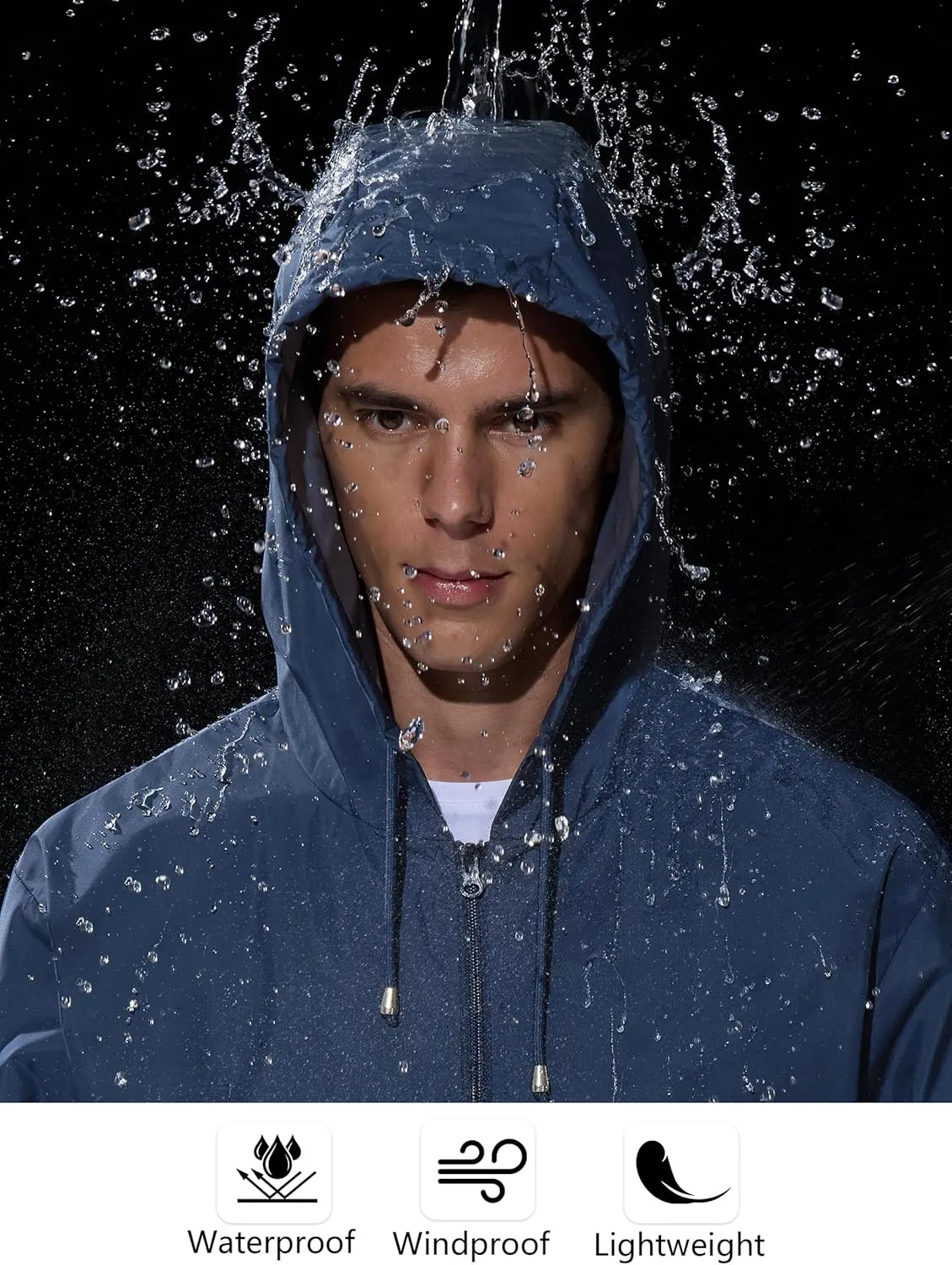 Mens Rain Jacket Raincoat Windbreaker Running Waterproof Lightweight Packable with Hood Travel Hiking Cycling