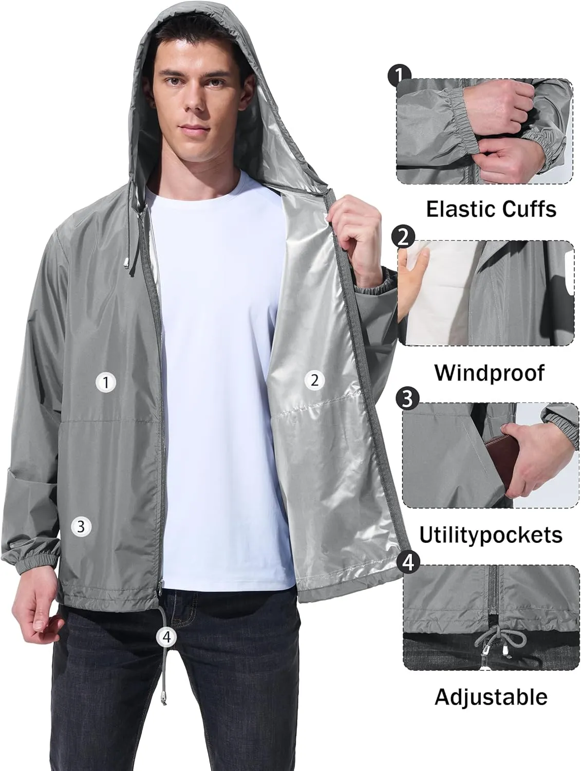 Mens Rain Jacket Raincoat Windbreaker Running Waterproof Lightweight Packable with Hood Travel Hiking Cycling