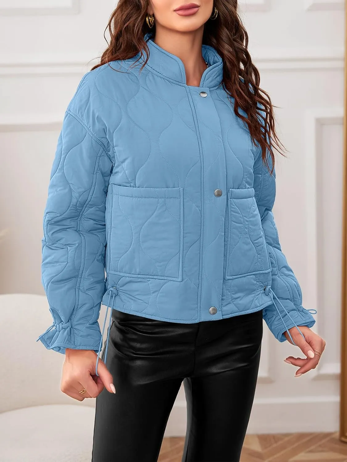MEROKEETY Women's Cropped Zip-Up Bomber Jackets Warm Quilted Long Sleeve Stand Neck Winter Coats